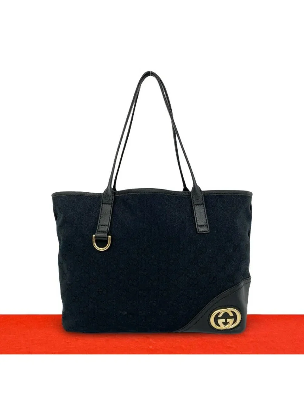 Gucci New Brit GG Logo Canvas Leather Tote Bag Black